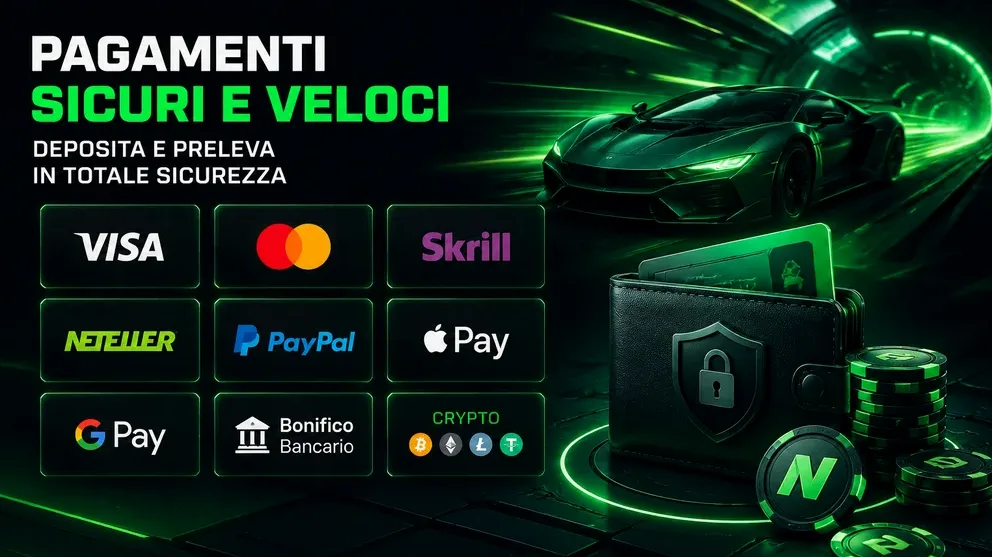 loghi Visa, Mastercard, Skrill, crypto su sfondo scuro